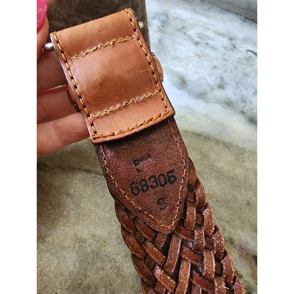 Cognac Brown Braided Leather Belt Silver Floral‎ Engraved Square Buckle Small 34